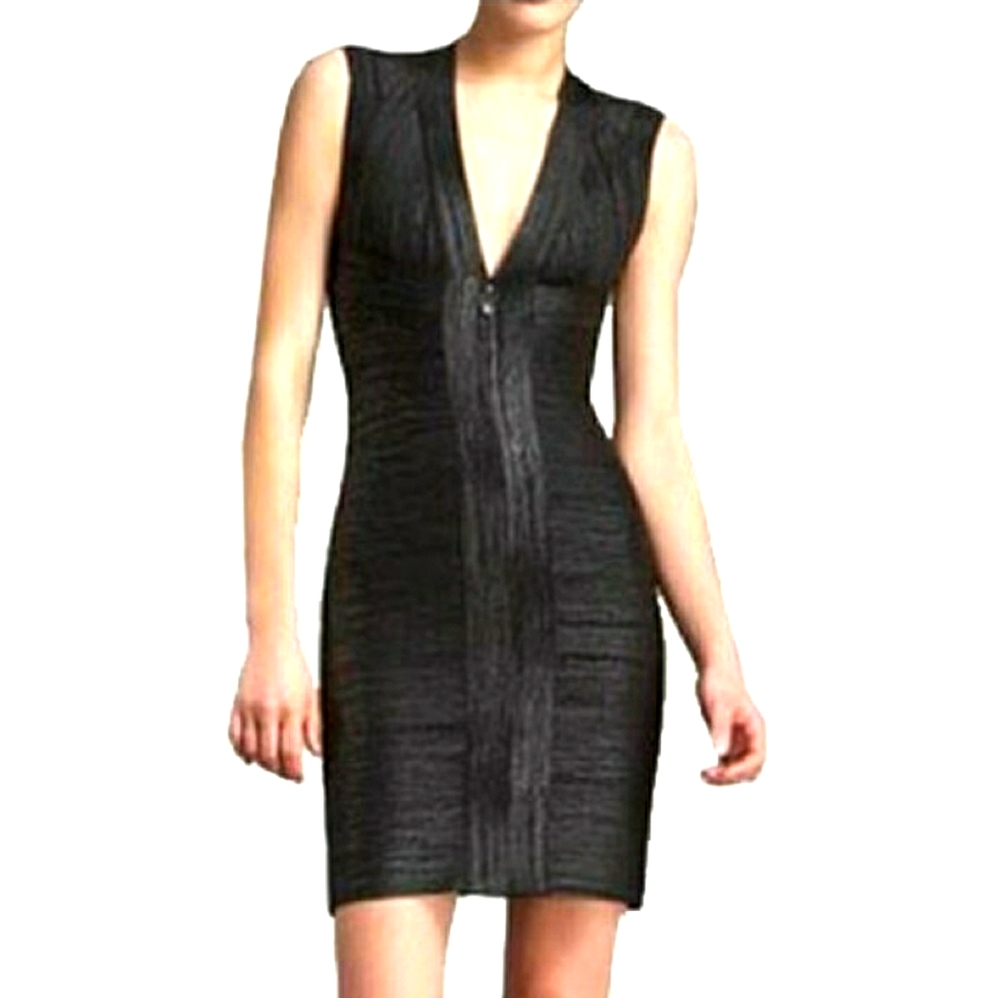 Herve Leger Black Metallic Zip Front Bandage Dress